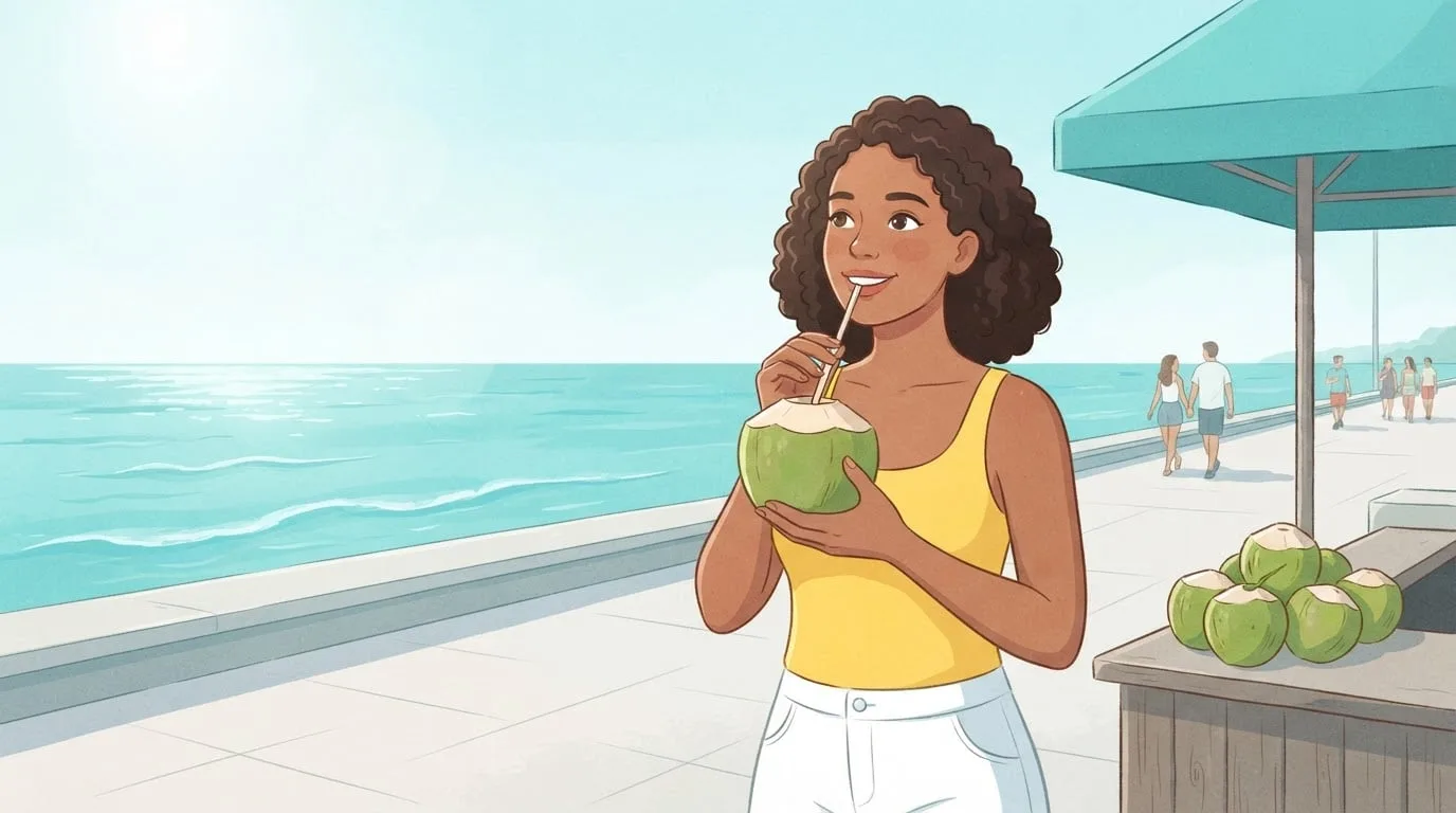 A woman in a yellow tank top sipping coconut water through a paper straw from a young green coconut on a sunny seaside promenade, with more coconuts piled on a fruit stand under a turquoise awning