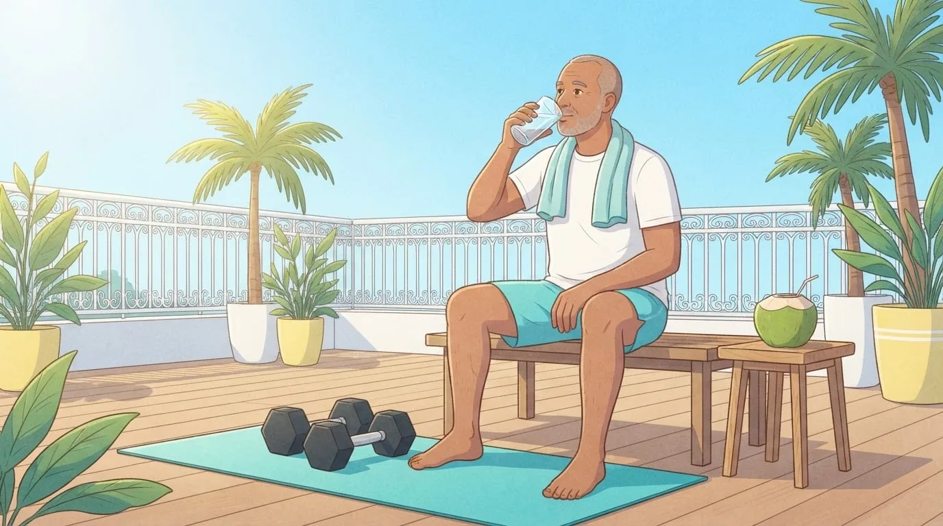 A man in his fifties in a white T-shirt and aqua shorts drinking a glass of water on a sunny rooftop terrace after a home workout, with dumbbells on a turquoise mat and a green coconut with a straw on a side table
