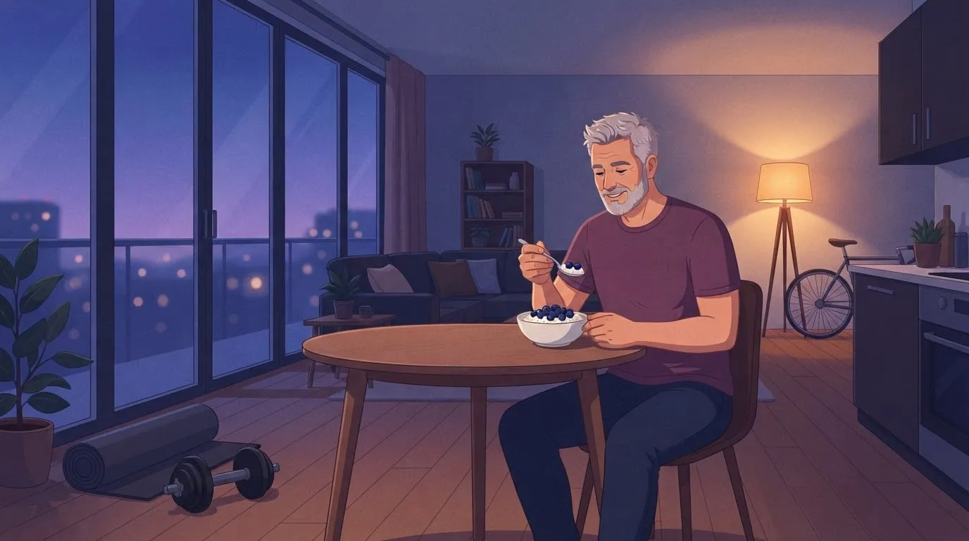 A grey-bearded man in his fifties eating a bowl of cottage cheese with blueberries at a small table in a city apartment at dusk, with dumbbells and a rolled exercise mat on the floor beside him