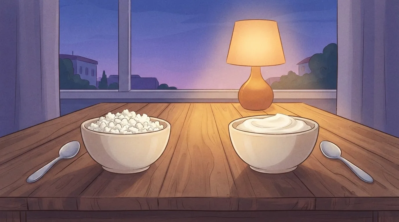 Two ceramic bowls side by side on a wooden table under a warm lamp at dusk, lumpy cottage cheese curds on the left and smooth ricotta on the right, with a spoon beside each