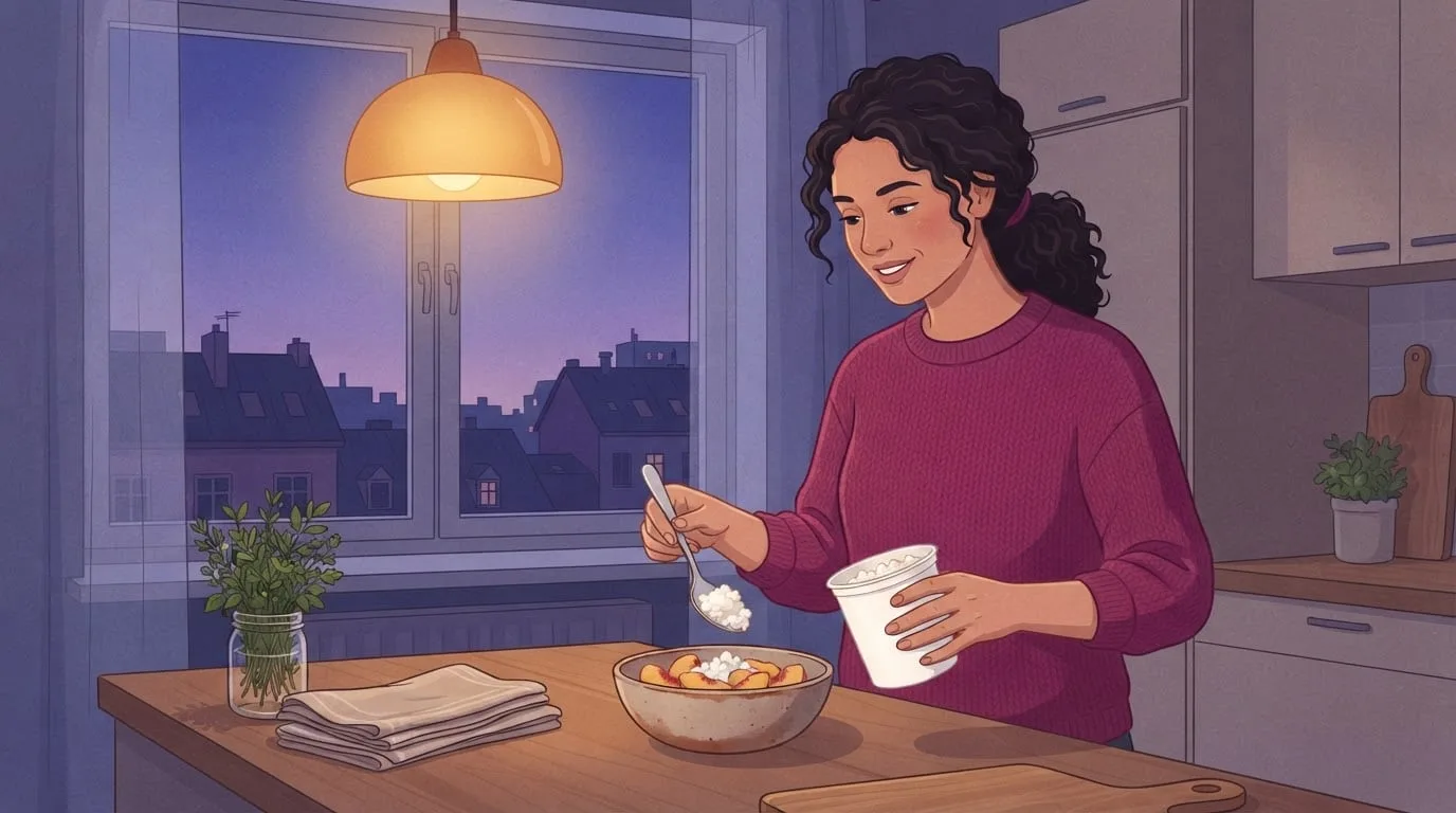 A woman in a magenta sweater spooning cottage cheese from a plain white tub onto sliced peaches in a city kitchen at dusk, under a warm pendant lamp