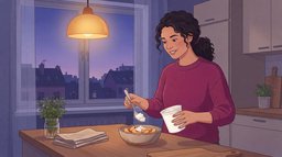 A woman in a magenta sweater spooning cottage cheese from a plain white tub onto sliced peaches in a city kitchen at dusk, under a warm pendant lamp