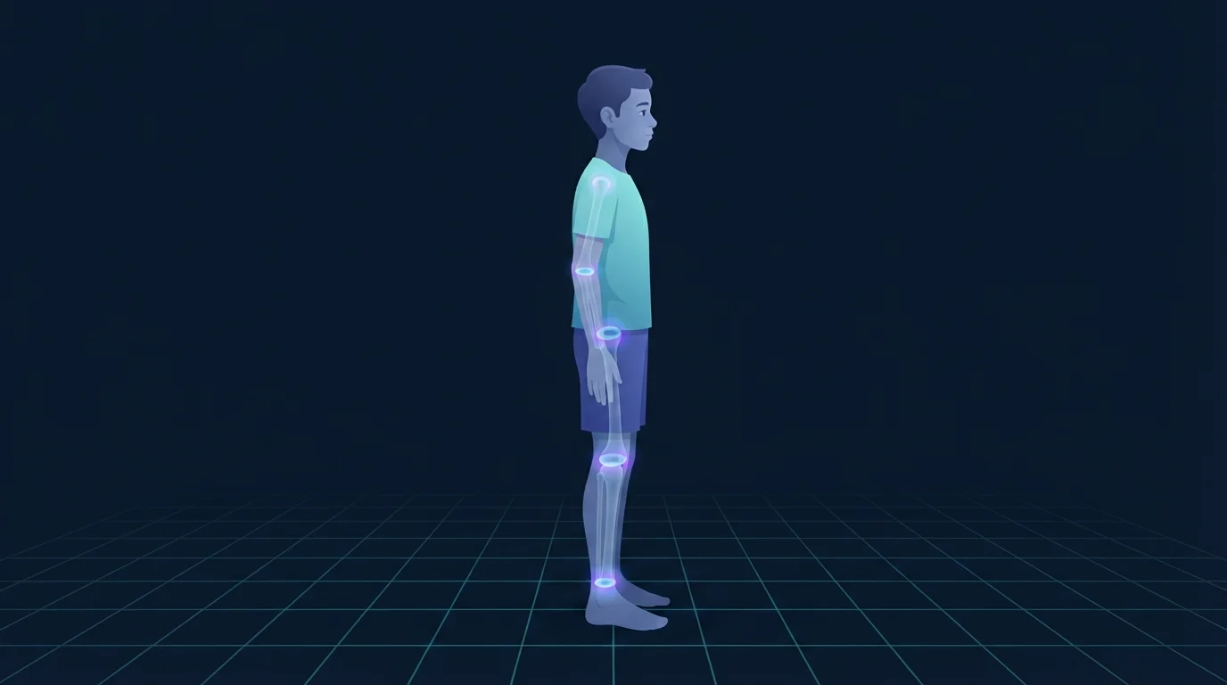 Uma figura adolescente magra de pé de perfil com as extremidades dos ossos da coxa, canela e braço superior suavemente iluminadas, marcando as placas de crescimento perto de cada articulação