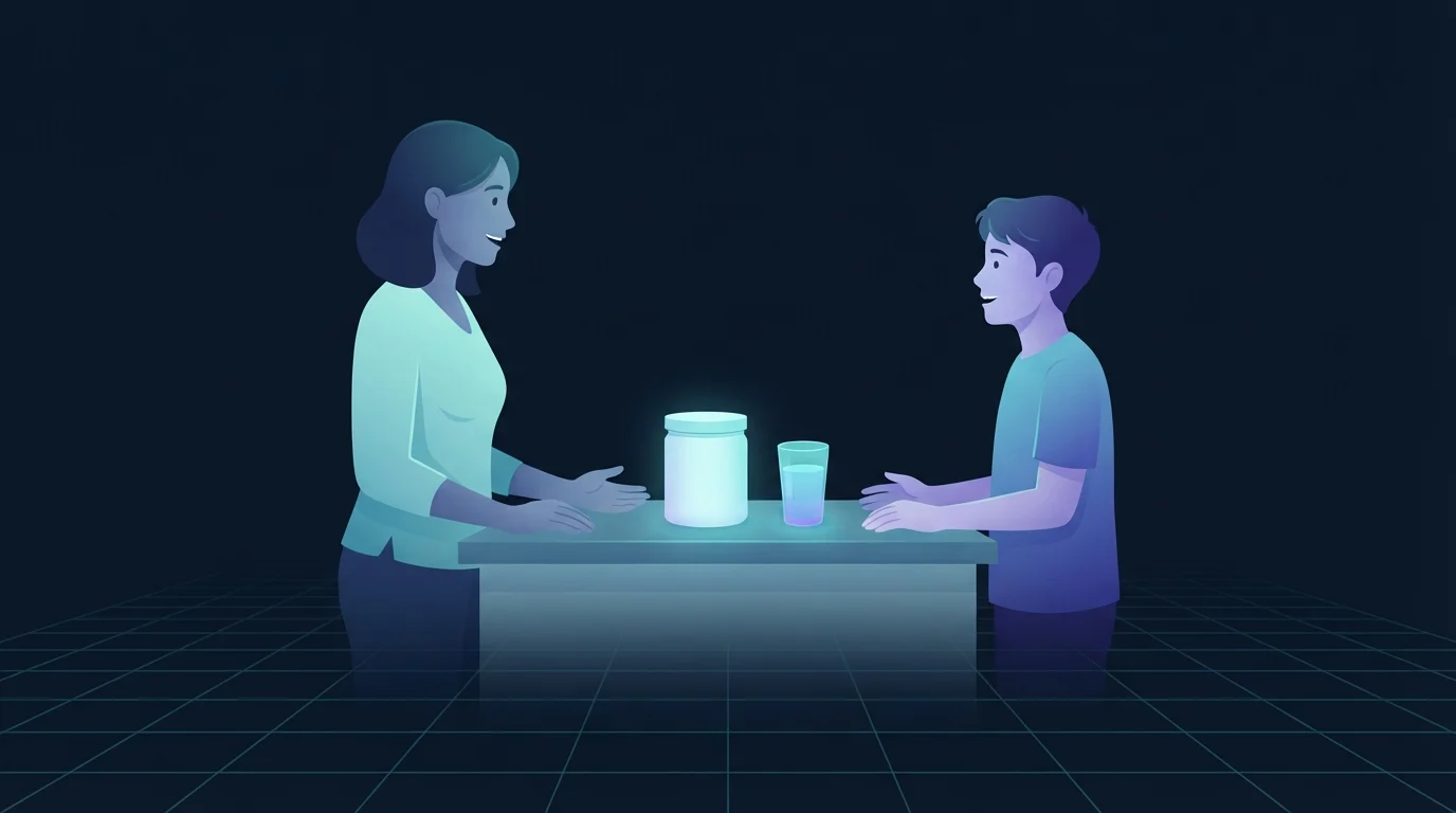 Um adulto e um adolescente conversando frente a frente sobre um balcão de cozinha, com um pote sem marca e um copo de água entre eles, ambas as figuras iluminadas com luz fria
