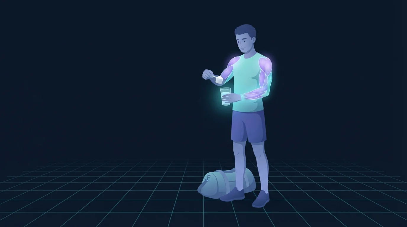 Um jovem atleta em roupas de treino de pé ao lado de uma bolsa de academia, despejando uma colher sem marca de pó em um copo de água, com os músculos do ombro e do braço suavemente iluminados