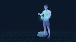 Um jovem atleta em roupas de treino de pé ao lado de uma bolsa de academia, despejando uma colher sem marca de pó em um copo de água, com os músculos do ombro e do braço suavemente iluminados