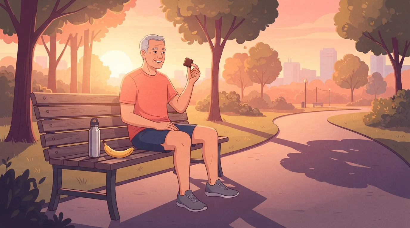 Wide view of a man in his sixties in running clothes resting on a park bench at sunrise after a run, holding a small square of dark chocolate, with a water bottle and a banana beside him
