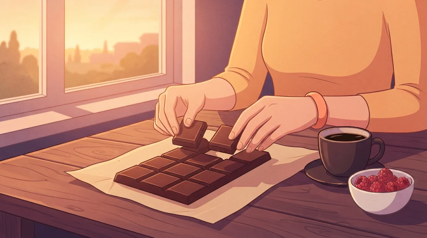 Close-up of a woman's hands breaking two plain squares off an unwrapped dark chocolate bar on a wooden kitchen table in warm sunrise light, beside a cup of coffee and a small bowl of raspberries