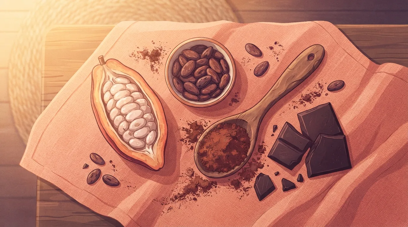Overhead view of a split cacao pod with pale beans, a small bowl of roasted cocoa beans, a wooden spoon of cocoa powder and broken pieces of plain dark chocolate on a coral linen cloth in morning light