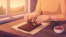 Close-up of a woman's hands breaking two plain squares off an unwrapped dark chocolate bar on a wooden kitchen table in warm sunrise light, beside a cup of coffee and a small bowl of raspberries