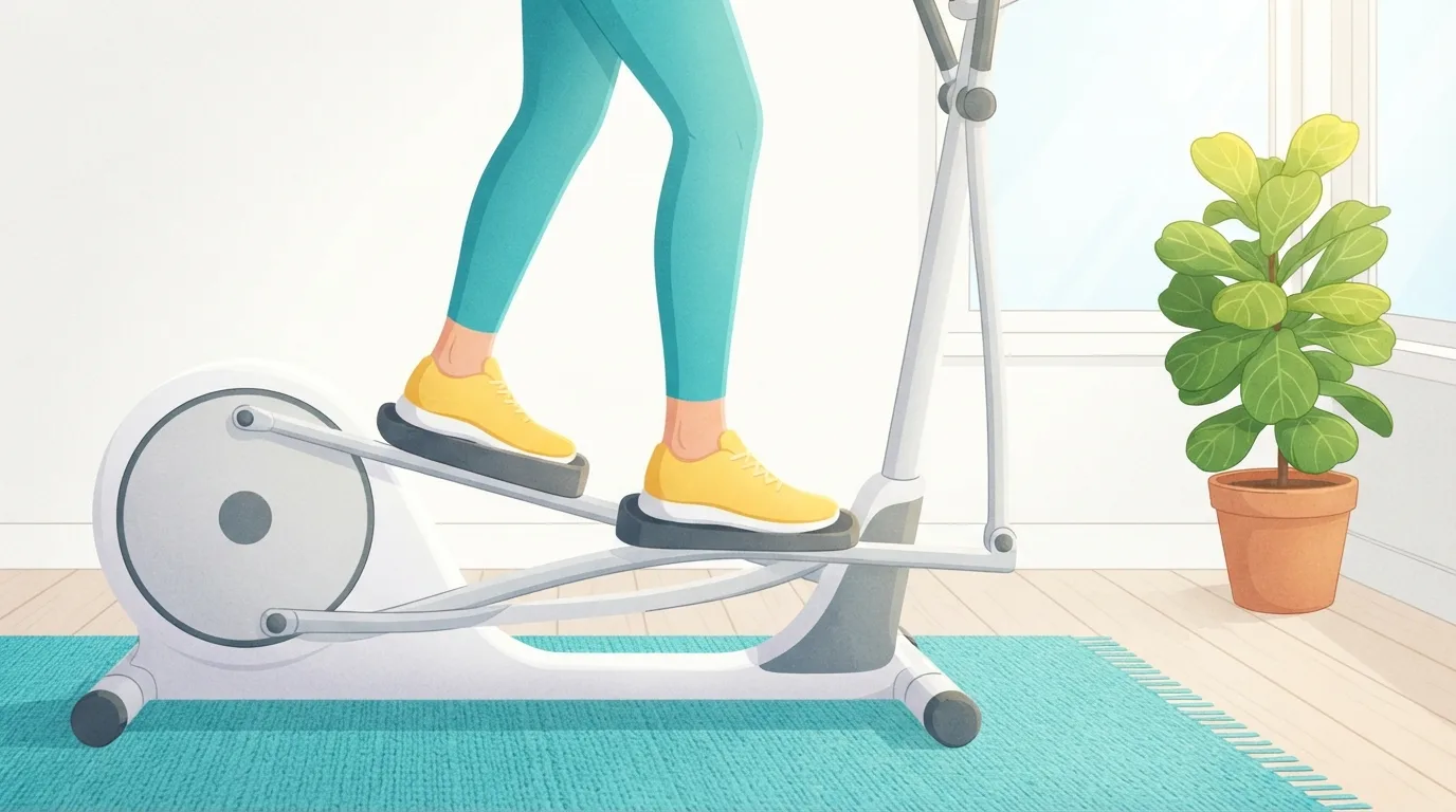 Nahaufnahme von den Knien abwärts: die gelben Turnschuhe einer Frau stehen flach auf den beiden Pedalen eines Crosstrainers in einem sonnigen Raum mit türkisfarbenem Teppich