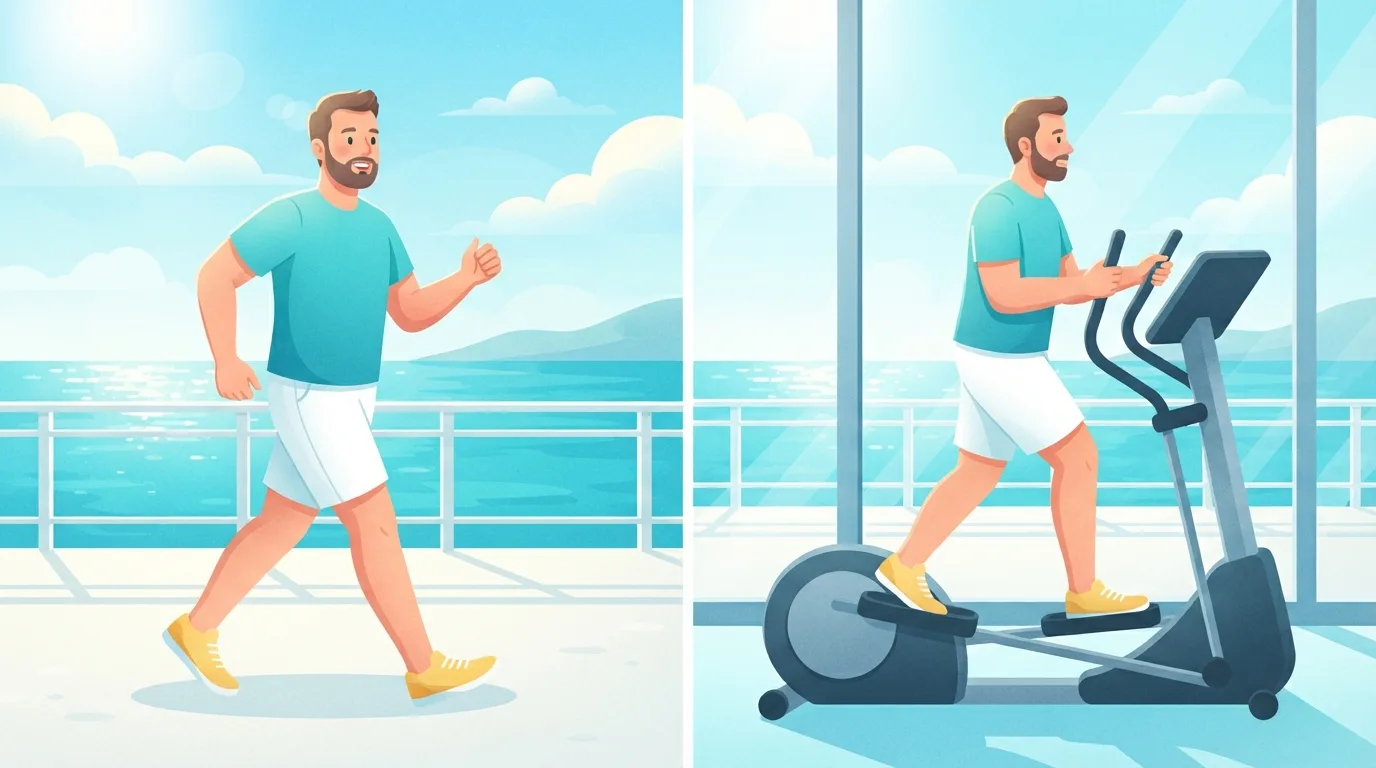 Illustration nebeneinander: derselbe bärtige Mann geht zügig über eine sonnige Strandpromenade und trainiert auf einem Crosstrainer neben einem Fenster mit Blick aufs Meer