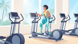 A woman in her fifties with curly hair striding on an elliptical machine in a bright gym with tall windows, holding the moving handles with a yellow towel over her shoulder