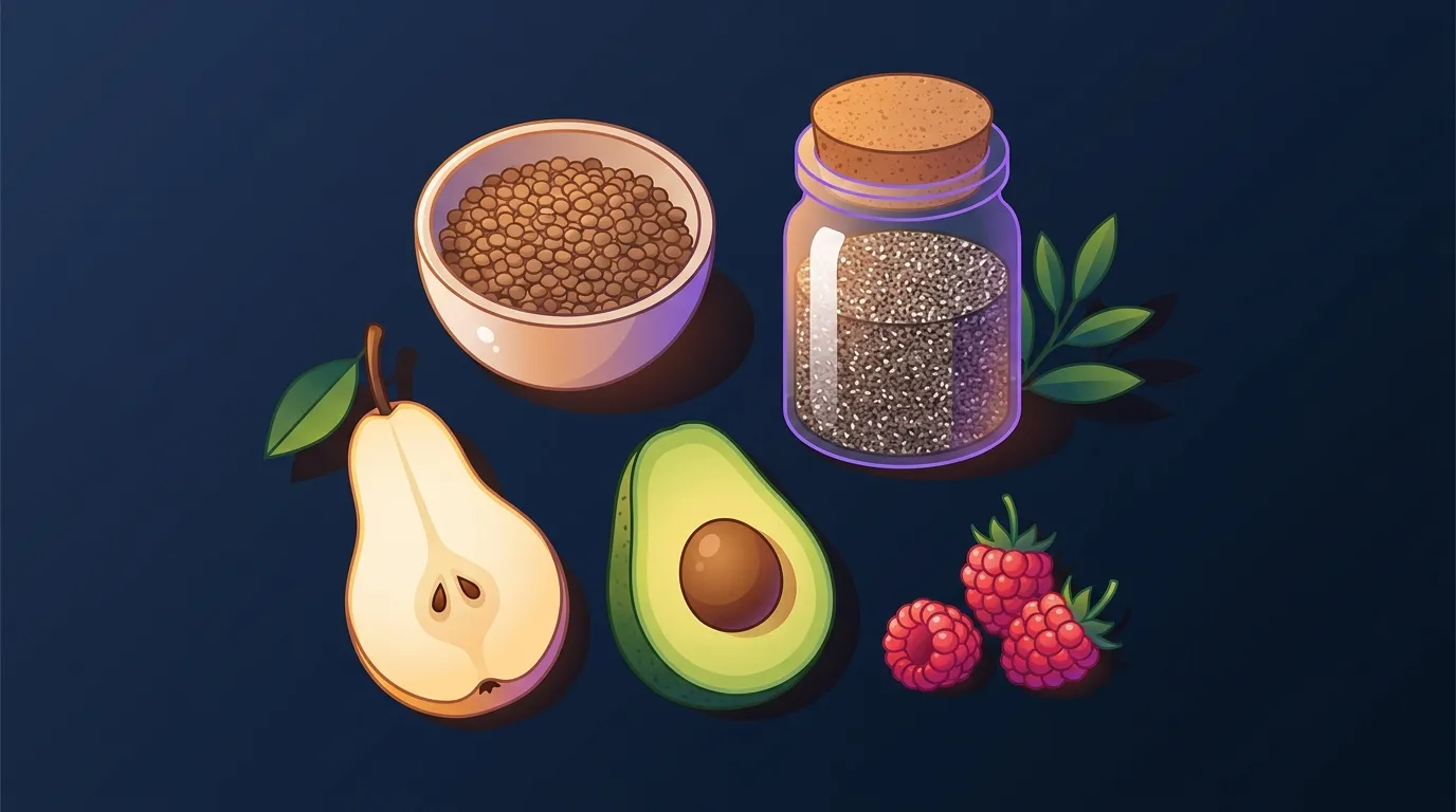 Editorial illustration of high-fiber whole foods including legumes, oats, berries, and leafy vegetables arranged as a visual representation of daily fiber intake