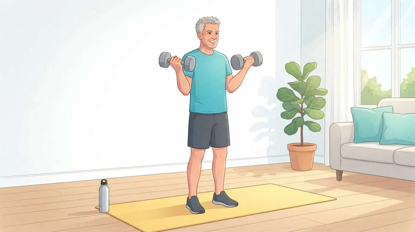 A grey-haired man in a turquoise t-shirt does dumbbell curls on a yellow mat in a sunny living room, with a plain steel water bottle on the floor beside him