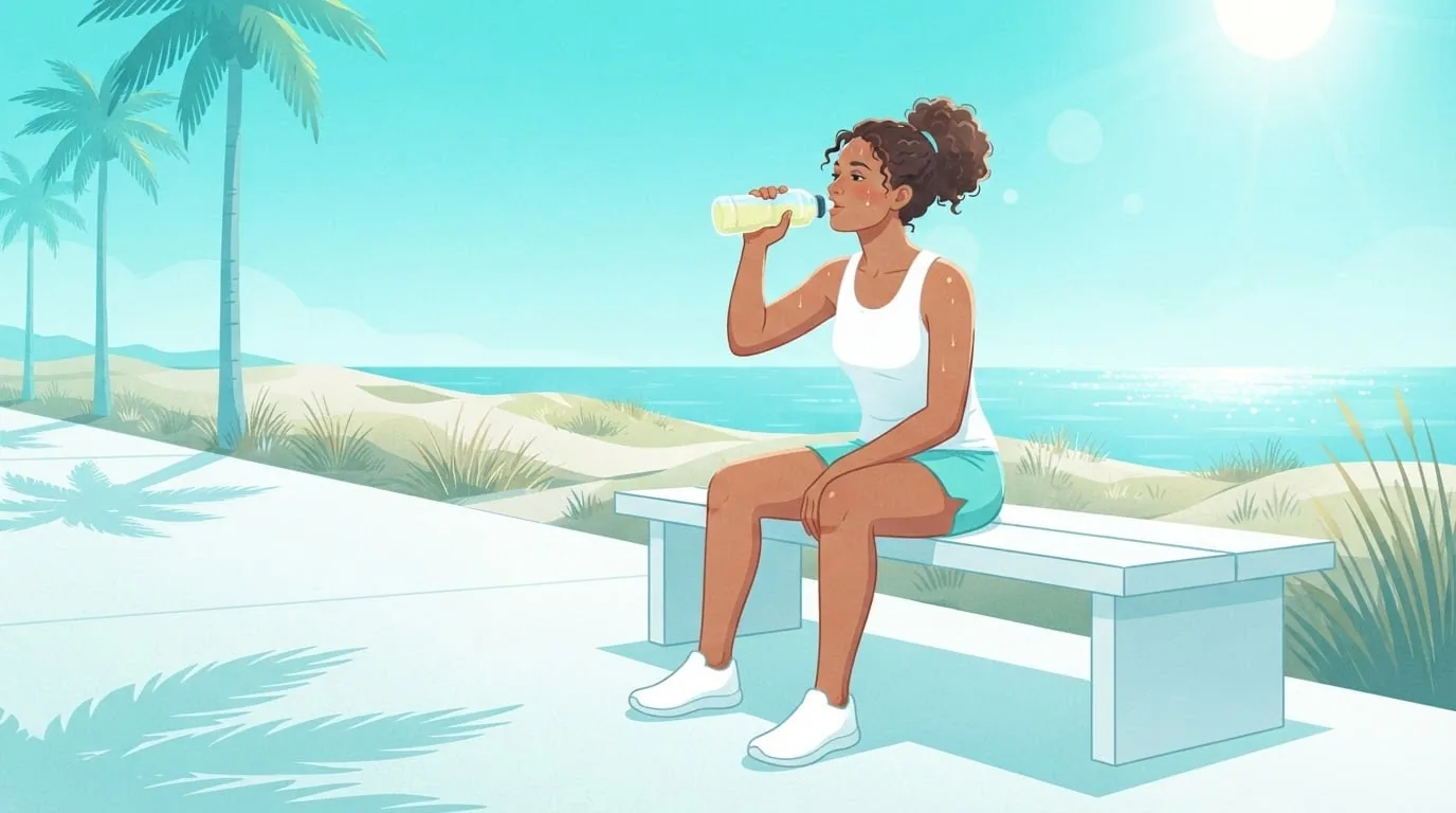 A sweaty runner in a white tank top and aqua shorts sits on a white bench by the sea at midday, drinking pale yellow sports drink from a plain clear bottle after a long run