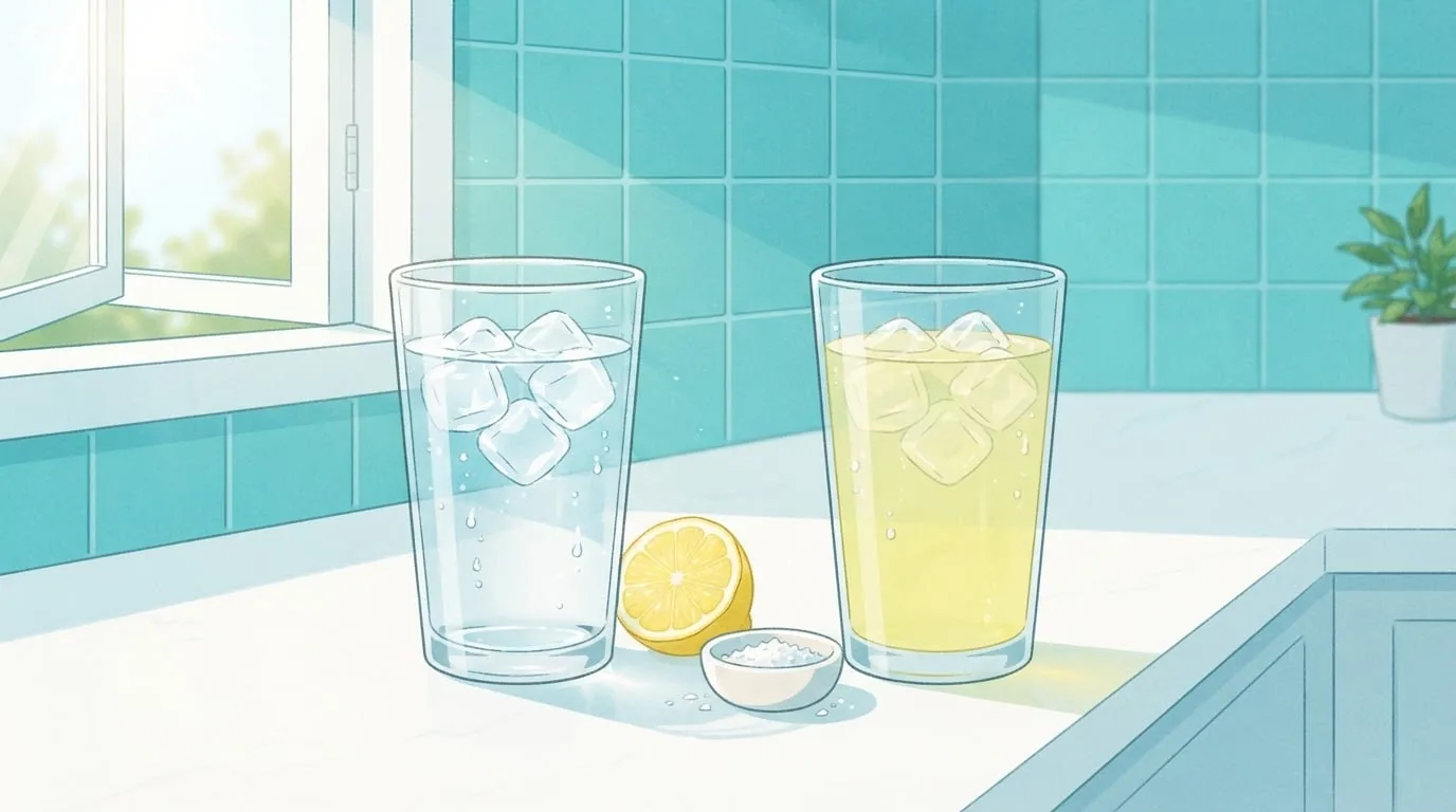 Two identical glasses with ice on a sunny white kitchen counter, one of clear water and one of pale yellow sports drink, with half a lemon and a small dish of salt between them