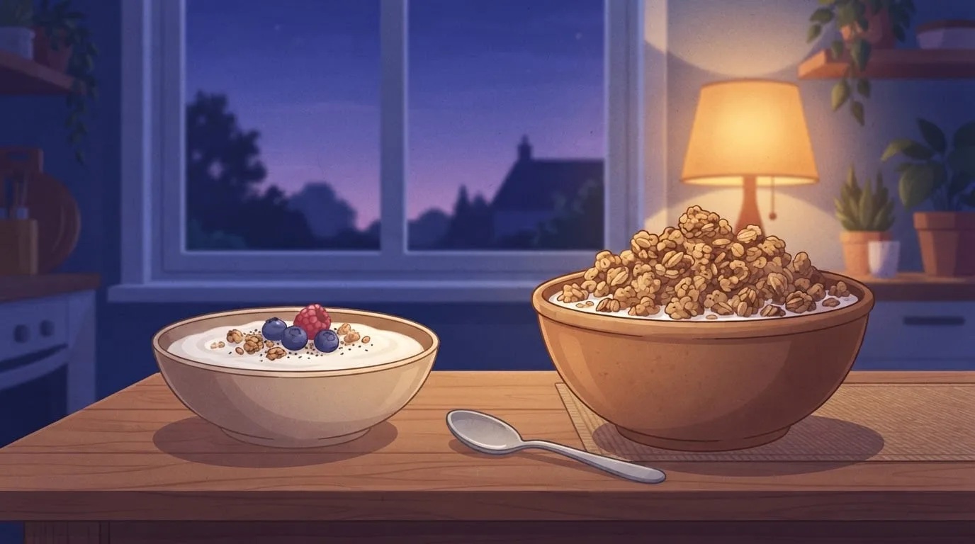 Zwei Frühstücksschüsseln nebeneinander auf einem Holztisch in der Abenddämmerung: eine kleine Schüssel Naturjoghurt mit einer dünnen Schicht Granola und Beeren und eine große Schüssel, hoch gefüllt mit Granola-Clustern und Milch, mit einem Löffel dazwischen und einer leuchtenden Lampe dahinter