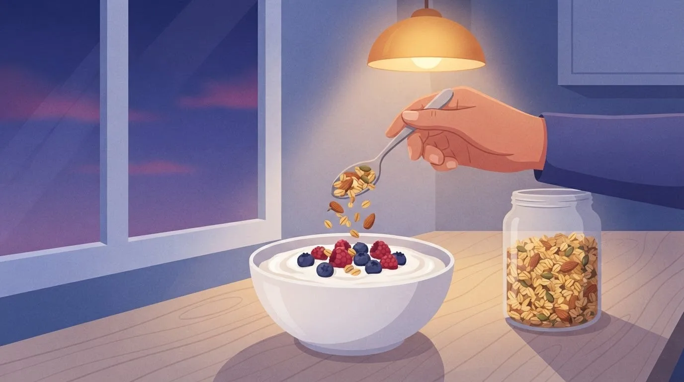 Nahaufnahme einer Hand, die einen Löffel geröstetes Granola mit Haferflocken, Mandeln und Kürbiskernen über eine Schüssel Naturjoghurt mit Beeren streut, auf einer Küchenarbeitsplatte im Morgengrauen, daneben ein Glas mit Granola