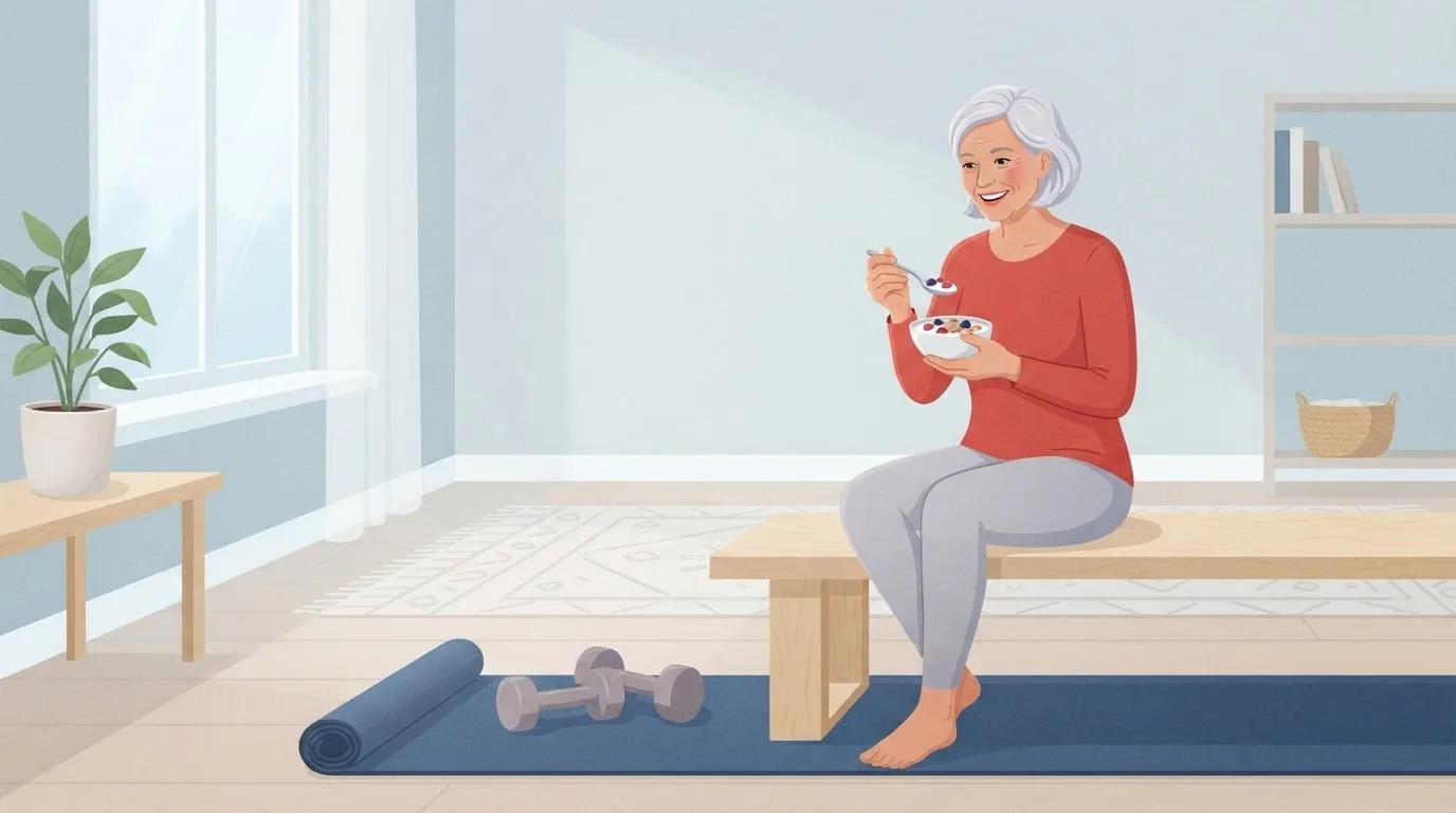 Uma mulher sorridente de cabelos prateados, na casa dos sessenta anos, com uma blusa vermelha, comendo uma tigela de iogurte grego com frutas vermelhas num banco de bétula ao lado de um tapete de exercício e halteres leves numa sala tranquila