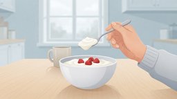 Close-up of a hand lifting a spoonful of thick plain Greek yogurt from a white bowl topped with red raspberries, on a birch table by a window on an overcast morning