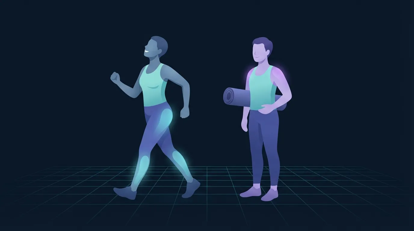 Illustration of two adults on a park path, one power-walking with the calves and glutes glowing softly and one carrying a yoga mat with the shoulders glowing, showing that daily movement is not the same as daily heavy lifting