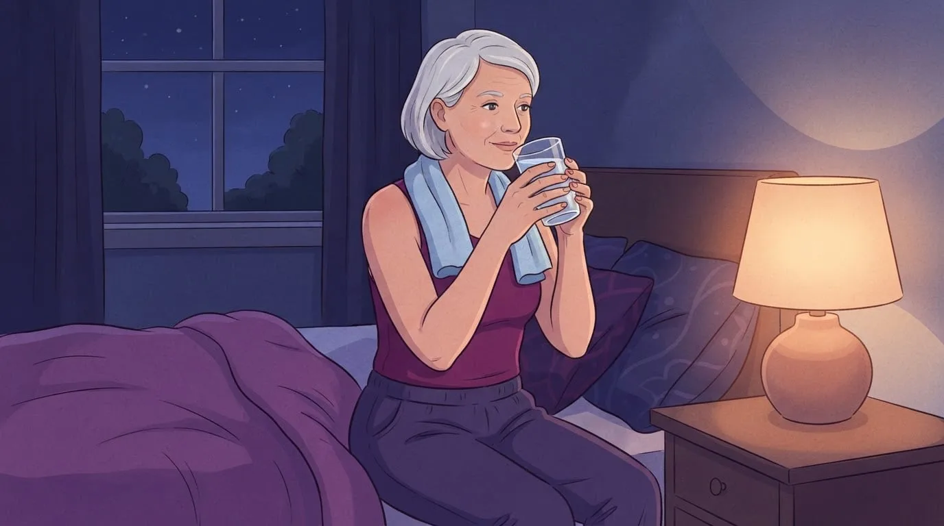 A woman in her fifties with short silver hair sits on the edge of her bed with a towel around her neck, drinking a glass of water beside a warm bedside lamp after an evening workout