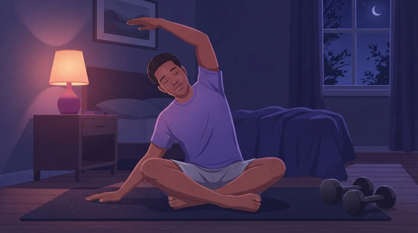 A man in a violet t-shirt sits cross-legged on a mat in a bedroom lit by one warm lamp at night, doing a gentle seated side stretch with eyes closed, a pair of dumbbells resting beside him