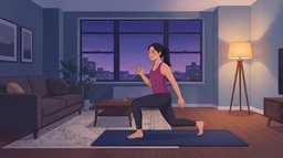 A young woman in a magenta tank top does a bodyweight lunge on a mat in a city apartment living room late at night, with a violet night sky and city lights in the window and a warm floor lamp glowing in the corner