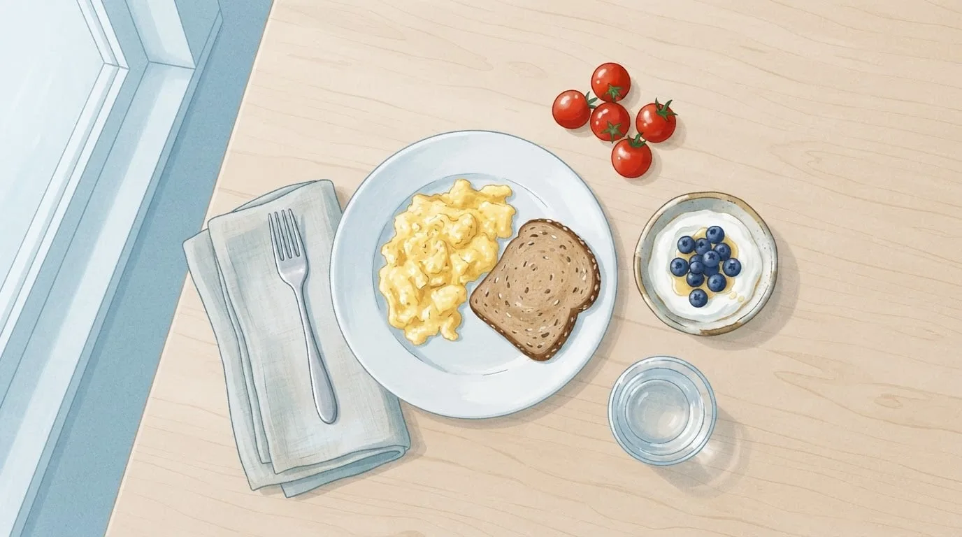 Vue de dessus d'un premier repas tardif sur une table en bois de bouleau : des œufs brouillés avec du pain complet grillé, un bol de yaourt grec aux myrtilles, des tomates cerises et un verre d'eau à côté d'une fourchette et d'une serviette en lin