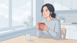 A woman in her thirties in a grey sweater sitting at a birch kitchen table on an overcast morning, holding a red mug of black coffee with a glass of water beside her and no breakfast on the table