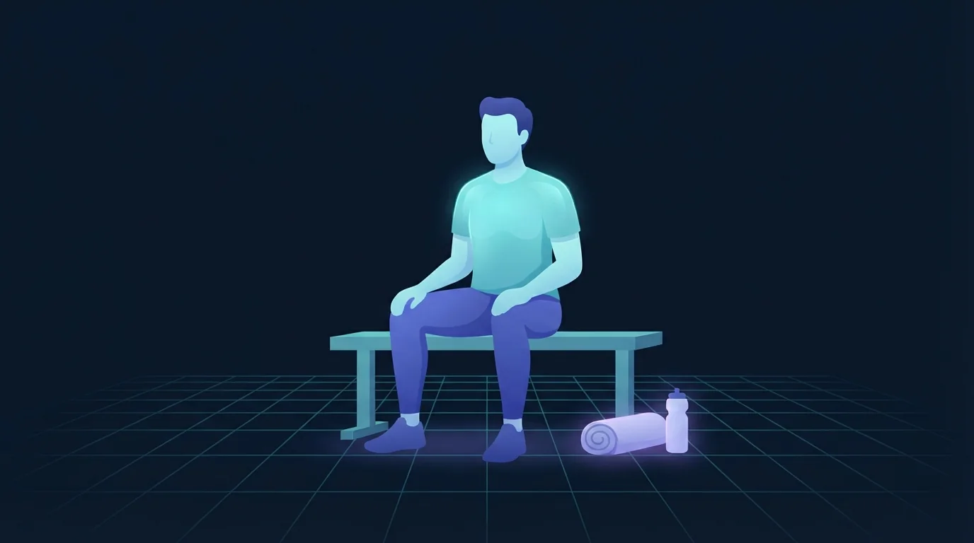 Illustration of an adult sitting upright on a bench between two training sessions with the chest and shoulders glowing faintly, a rolled towel and a water bottle on the floor beside them