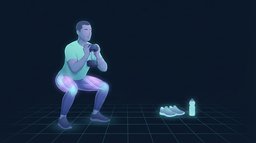 Illustration of an adult performing a dumbbell goblet squat with the quadriceps and glutes glowing, with running shoes and a water bottle waiting on the floor behind them for a second easier session later the same day