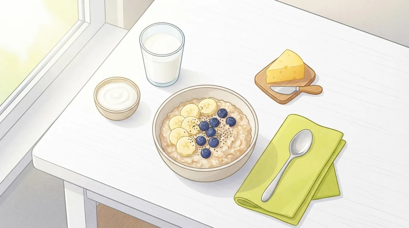 Ein Frühstückstisch von oben mit einem Glas Milch, einer Schale Haferbrei mit Bananenscheiben und Blaubeeren, einer kleinen Schale Naturjoghurt, einem Stück Käse und einer limettengrünen Serviette mit einem Löffel