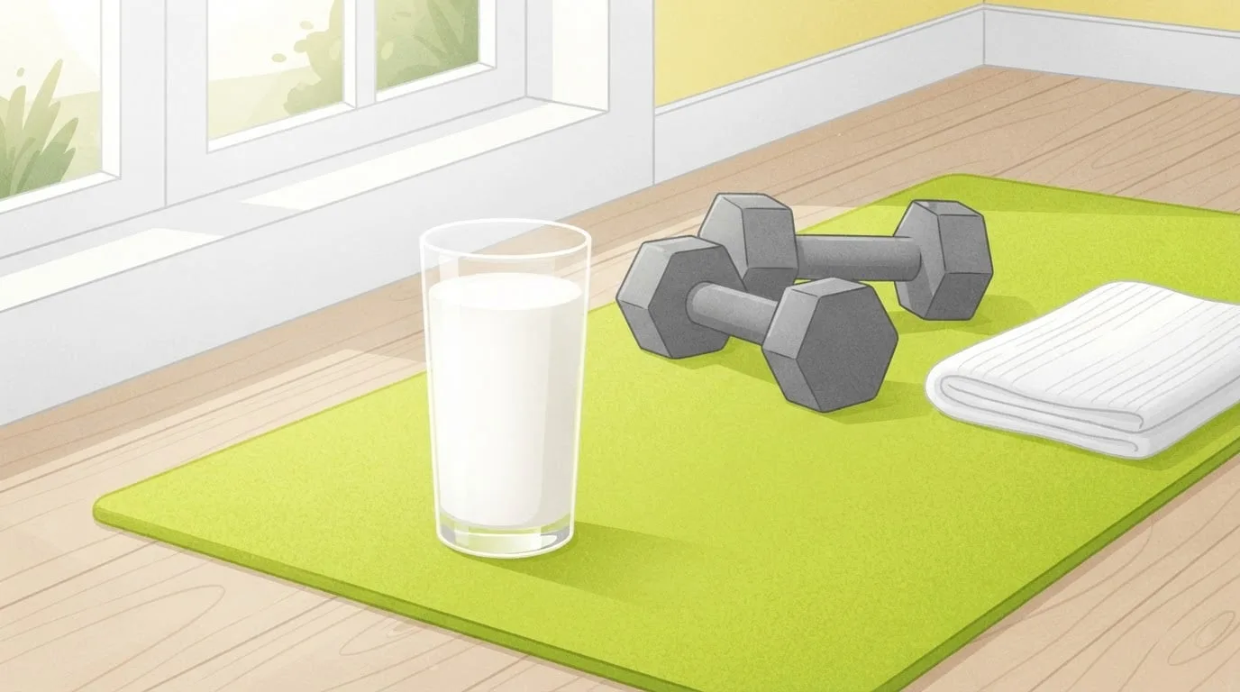 Ein hohes Glas Milch auf einer limettengrünen Trainingsmatte neben zwei grauen sechseckigen Kurzhanteln und einem gefalteten weißen Handtuch in einem hellen Wohnzimmer