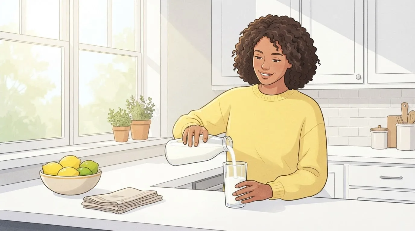 Eine Frau in einem zitronengelben Pullover gießt an einer sonnigen Küchenarbeitsplatte Milch aus einer schlichten Glasflasche in ein hohes Glas, neben ihr eine Schale mit Zitronen und Limetten