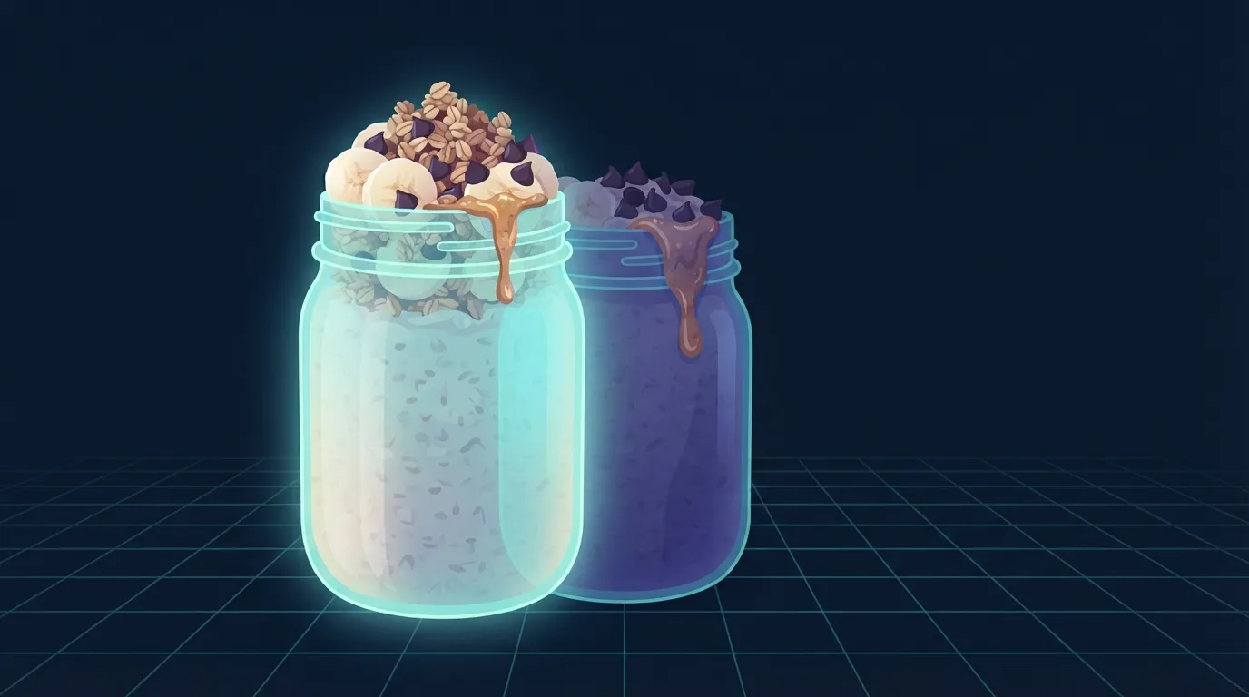 Un frasco grande de vidrio con avena de la noche a la mañana apilada con rodajas de plátano, un montón de granola, chispas de chocolate y un remolino de mantequilla de nueces, brillando suavemente en cian cálido