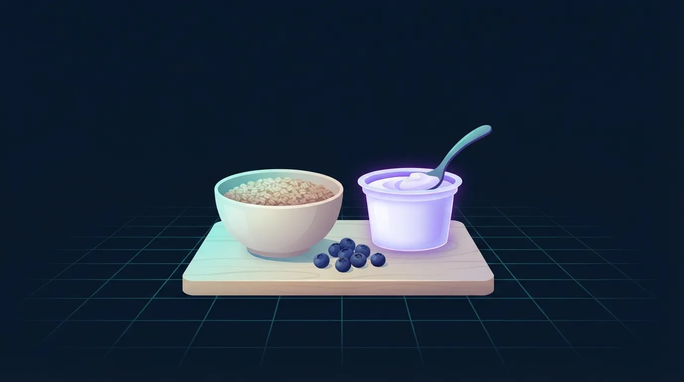 Un pequeño tazón de avena cortada en acero sencilla junto a una medida de yogur griego y un pequeño puñado de arándanos sobre una tabla de madera, el yogur brillando suavemente en violeta