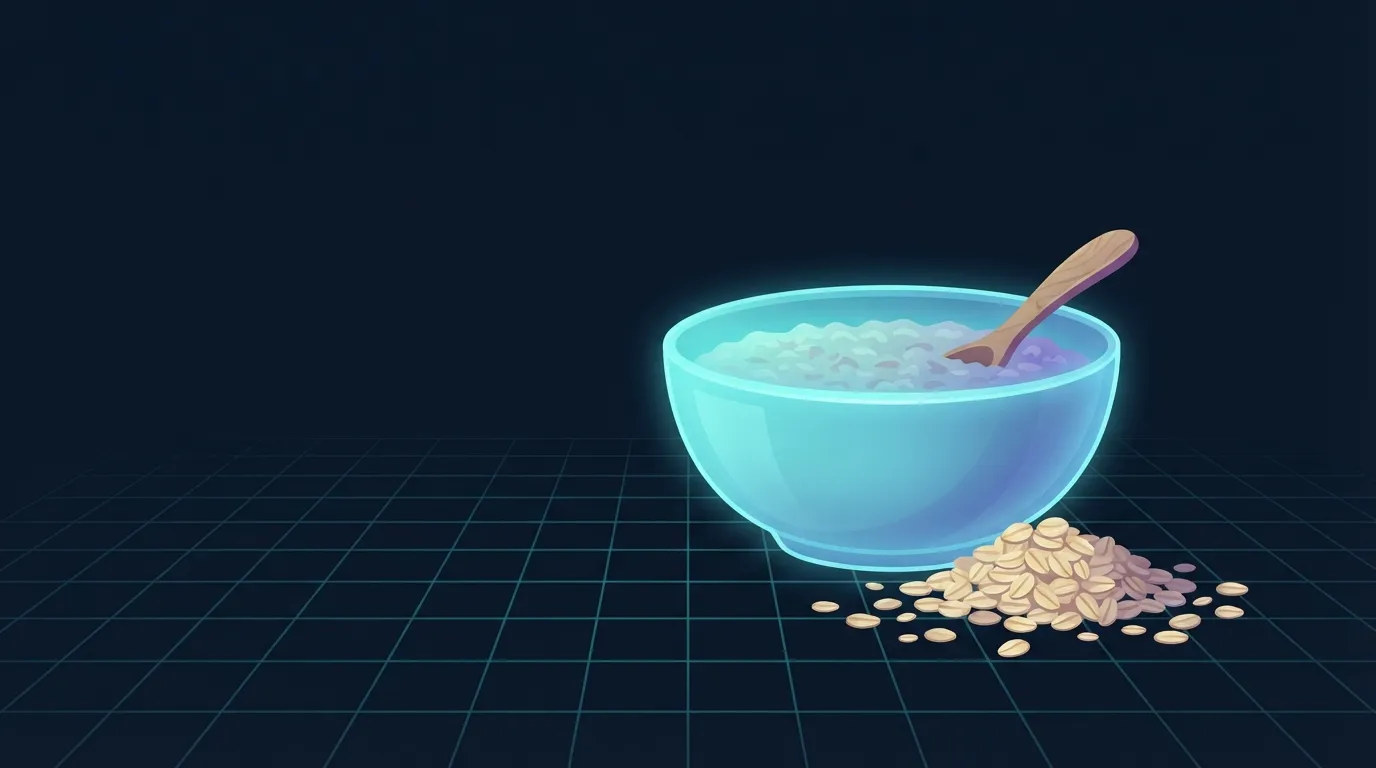 Un solo tazón de cerámica con avena sencilla cocida al vapor sobre una encimera de madera, con un pequeño montón de avena y una cuchara al lado, el tazón brillando suavemente en cian