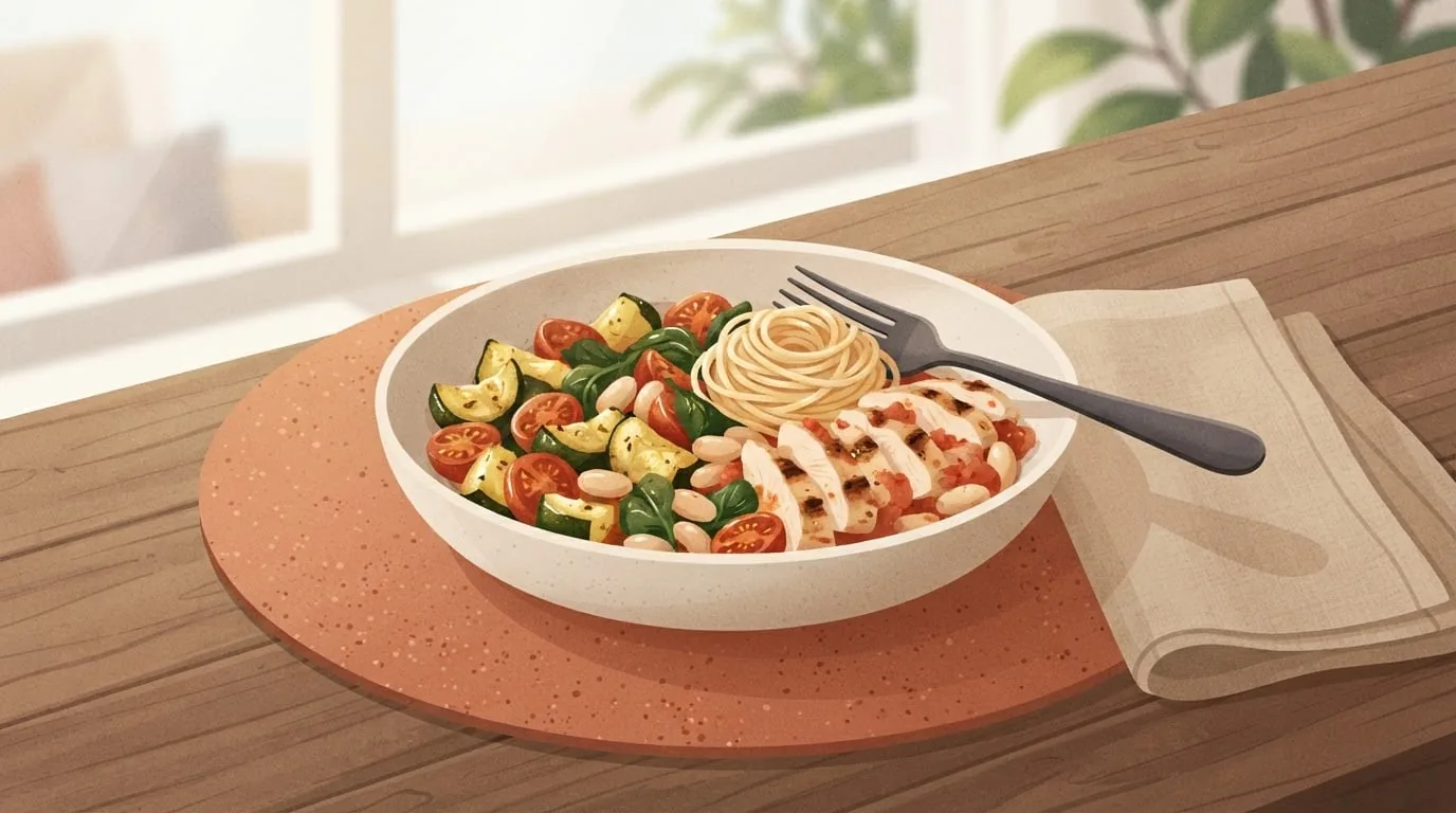 Close-up of a bowl of spaghetti mixed with roasted zucchini, cherry tomatoes, spinach, white beans and grilled chicken in a light tomato sauce, with a charcoal fork resting on the rim