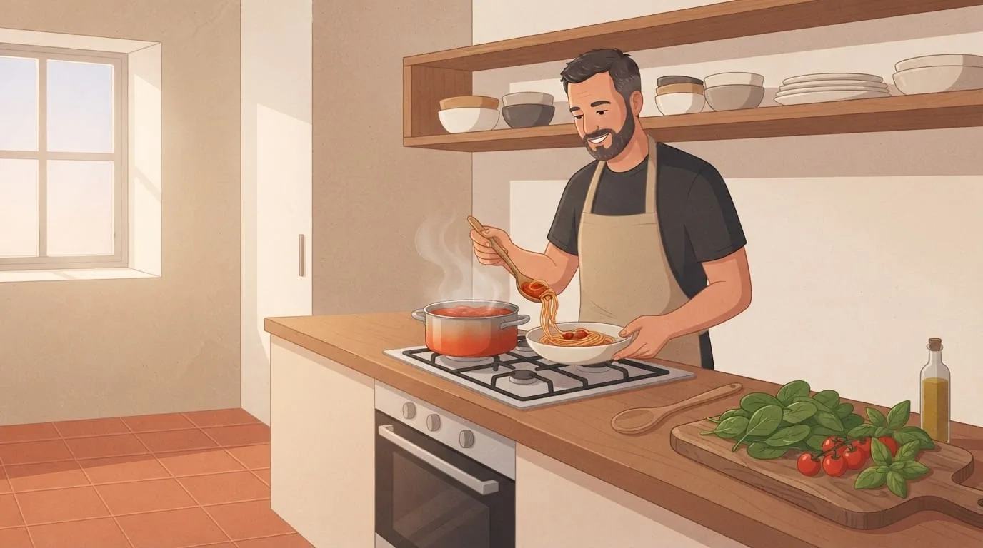 A smiling man in a sand-colored apron spoons spaghetti in tomato sauce into a bowl in a warm terracotta kitchen, with fresh spinach and cherry tomatoes on a board beside him