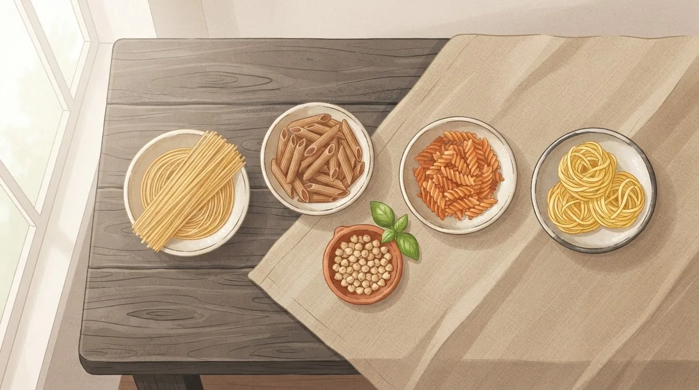 Overhead view of four bowls of dry pasta on a linen cloth: golden spaghetti, brown whole-wheat penne, orange red-lentil fusilli and yellow egg noodle nests, with a small dish of chickpeas