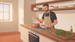 A smiling man in a sand-colored apron spoons spaghetti in tomato sauce into a bowl in a warm terracotta kitchen, with fresh spinach and cherry tomatoes on a board beside him