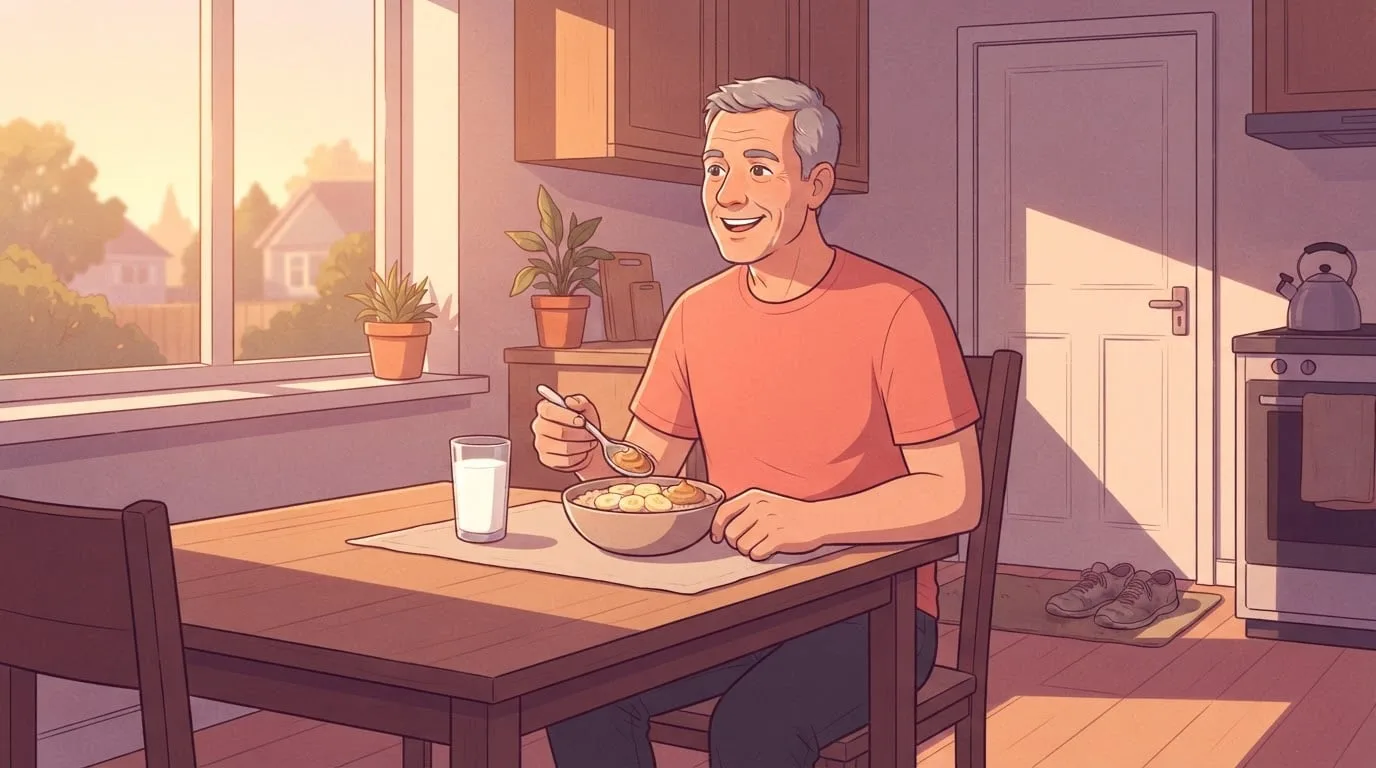 A smiling man in his fifties in a coral t-shirt eats oatmeal topped with banana slices and a spoonful of peanut butter at a sunlit kitchen table, with a glass of milk beside the bowl and walking shoes by the back door