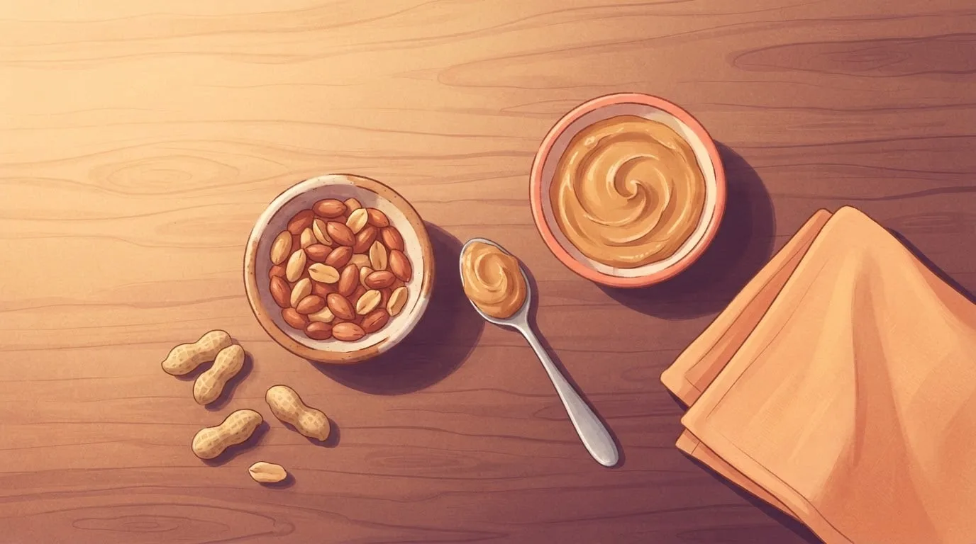 Overhead view of a bowl of whole roasted peanuts beside a bowl of smooth peanut butter on a wooden table, with a spoonful of peanut butter, a few peanuts in their shells and an apricot linen napkin