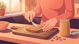 Close-up of a woman's hands spreading a thin layer of smooth peanut butter on a slice of whole-grain toast at a sunny kitchen counter, with an open unlabeled jar and a few peanuts beside the cutting board