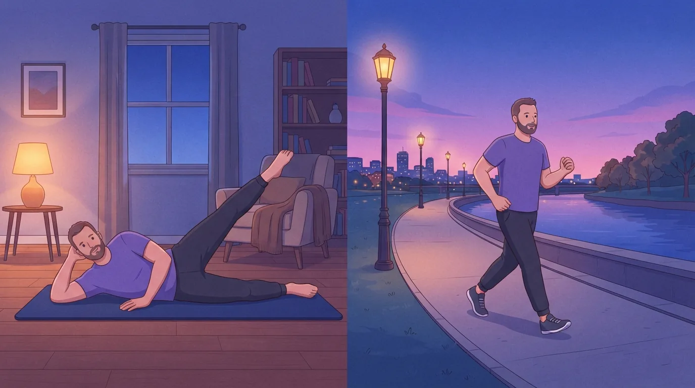 Side-by-side illustration of the same bearded man doing a side-lying Pilates leg lift on a mat at home and walking briskly along a lamp-lit riverside path at dusk