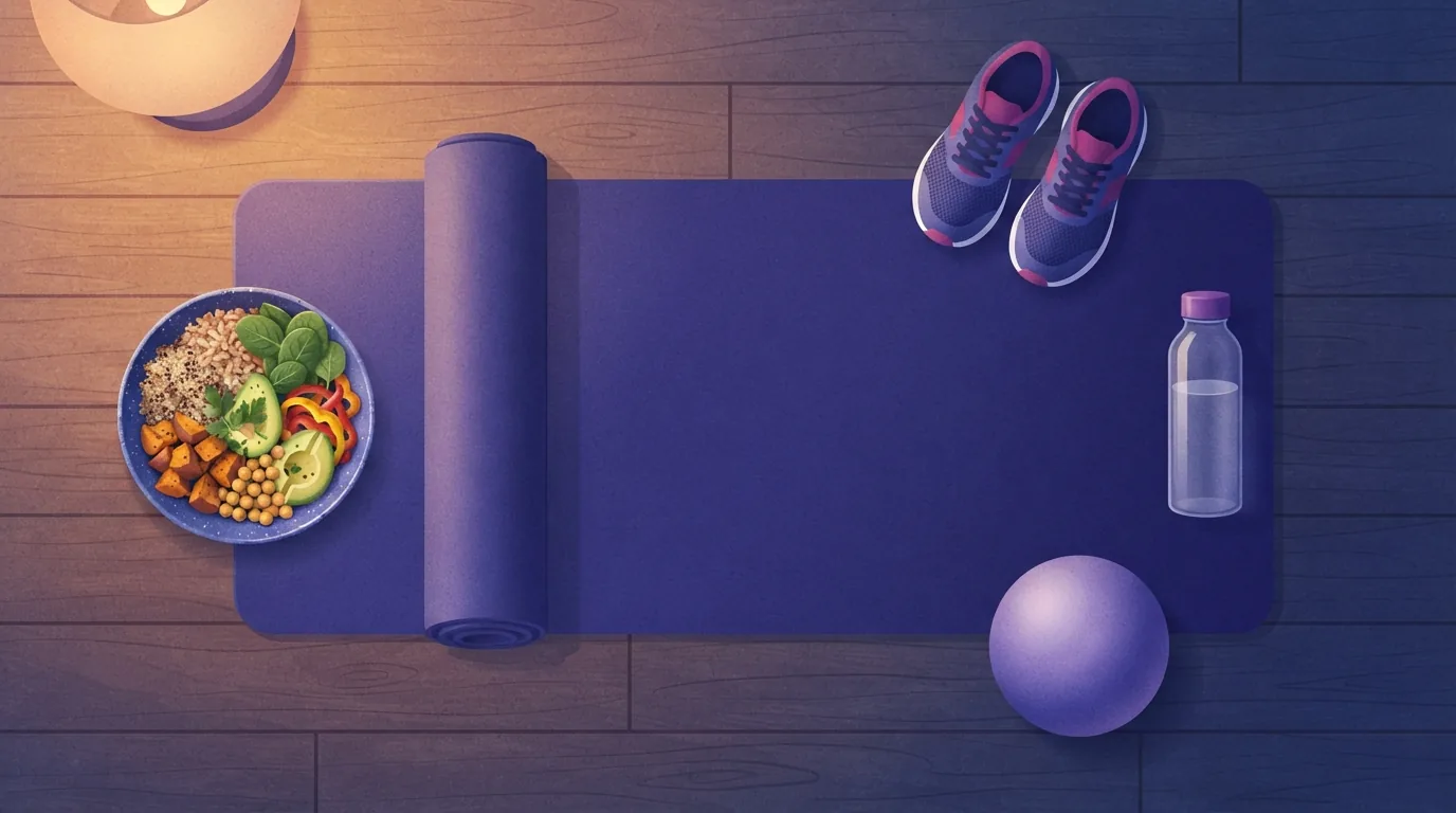 Overhead view of a violet Pilates mat on a wooden floor with walking sneakers, a water bottle, a small exercise ball and a bowl of vegetables and grains in warm lamp light