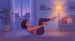 A woman with curly hair doing a mat Pilates exercise in her living room at dusk, legs lifted in tabletop and arms reaching forward, with a city window and a warm floor lamp behind her