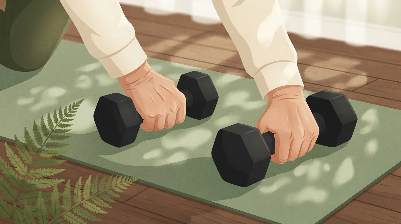 Close-up of an older woman's hands gripping two dumbbells on an exercise mat before a lift, the kind of heavier loading that bone density responds to